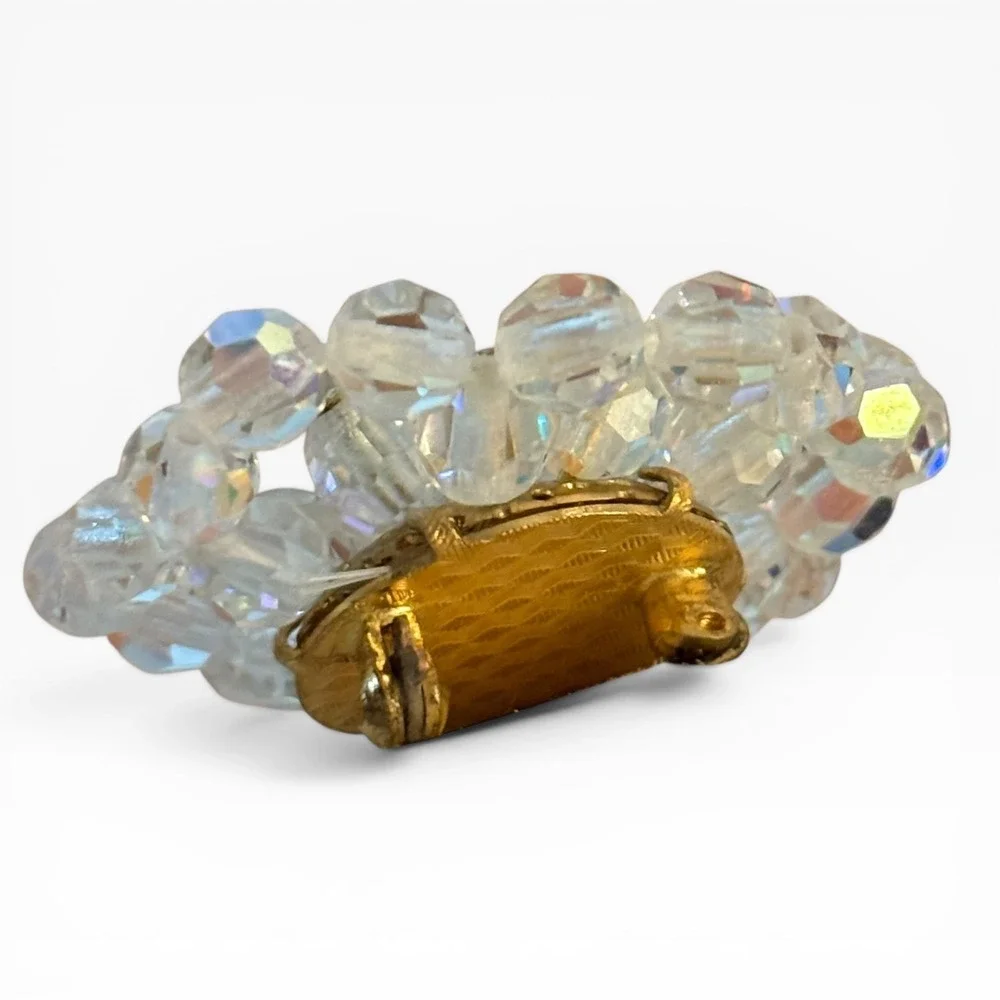Vintage Aurora Borealis Crystal Bead Cluster Brooch Gold Tone Iridescent Floral‎